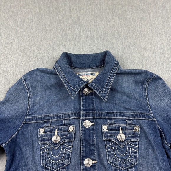 True Religion Trucker Jacket Womens Medium Blue Denim Jeans Super T Dark Wash - Picture 2 of 10
